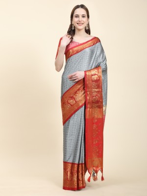 Keswi Fab Woven Banarasi Art Silk, Jacquard Saree(Grey, Red)