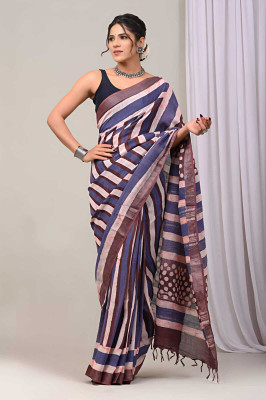VastraNest Striped, Polka Print, Hand Painted Hand Batik Cotton Linen Saree(Multicolor, Blue, Brown)