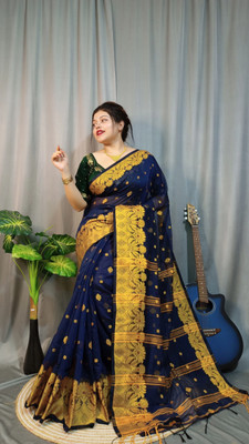 Anu Solid/Plain Handloom Cotton Silk Saree(Light Blue)