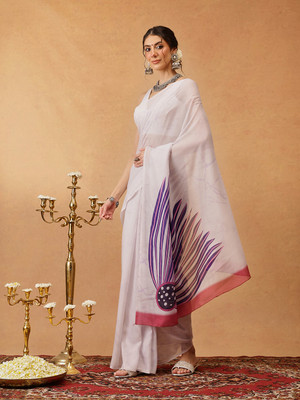 SILK ZONE Striped Bollywood Mulmul Saree(White)