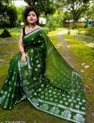 SMRITI HANDLOOM Self Design Handloom Cotton Silk Saree(Green)