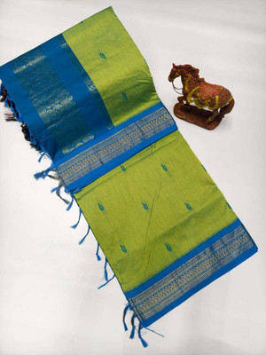iyswariyam Self Design, Temple Border Handloom Cotton Linen Saree(Light Green, Green, Multicolor)