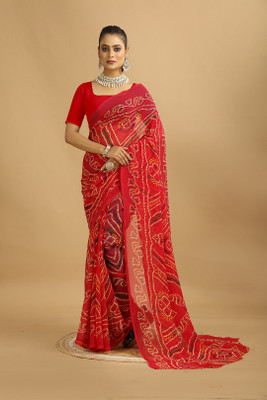 DURGA CRETION Digital Print Bandhani Georgette Saree(Red)