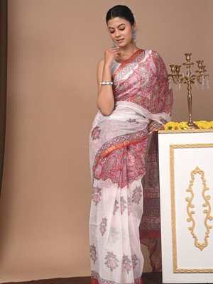 Taavi Blocked Printed Kota Doria Cotton Blend Saree(Pink)