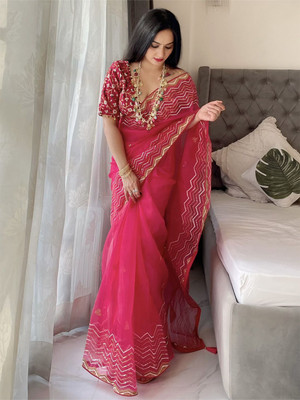 ANOUK Embellished Chanderi Organza Saree(Pink)