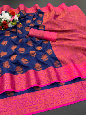 JbWorld Woven, Embroidered, Floral Print Banarasi Cotton Silk, Pure Silk Saree(Blue, Pink)