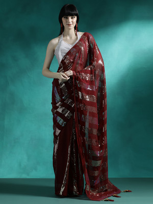 Sangria Embroidered Daily Wear Georgette Saree(Maroon)