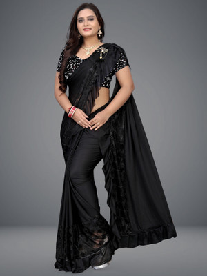 IRONIC CREATION Solid/Plain Bollywood Lycra Blend Saree(Black)