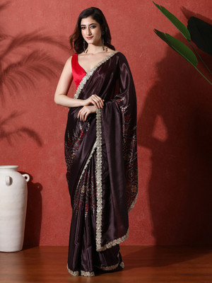 Sangria Printed Saree with Attached Blouse Satin Saree(Brown)