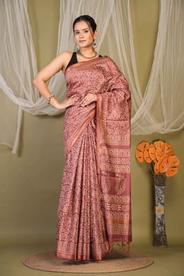Anuttara Geometric Print Saree with Attached Blouse Cotton Silk Saree(Brown)