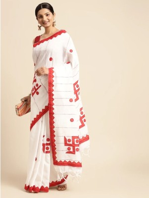 Krishneshwari Printed Handloom Pure Cotton Saree(White, Red)