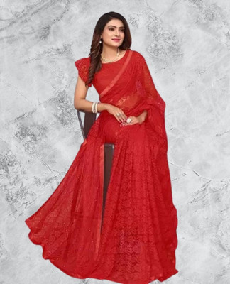 Fashion Field Solid/Plain Bollywood Net Saree(Red)