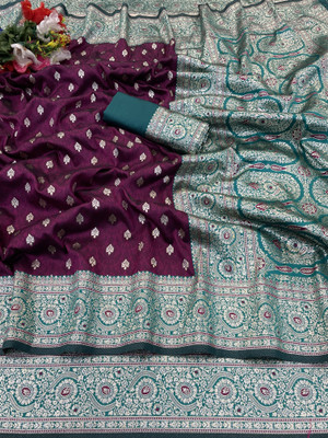 KanjiQueen Woven Kanjivaram Silk Blend, Pure Silk Saree(Magenta, Light Green)