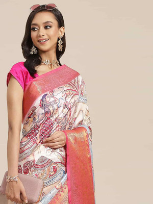 Tasrika Digital Print Banarasi Art Silk Saree(White, Pink)