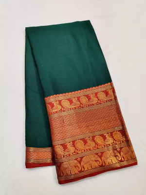 Soham Enterprise Woven, Temple Border, Self Design, Floral Print Mysore Silk Blend Saree(Dark Green)