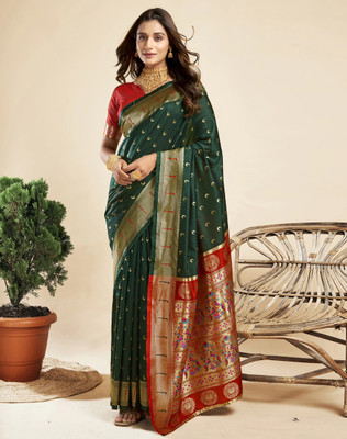 ETHNICHITZ Woven Paithani Silk Blend Saree(Green)
