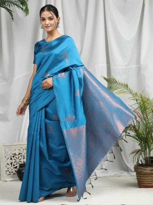 omtextile Woven, Geometric Print Bollywood Pure Silk, Art Silk Saree(Light Blue)