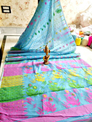 NOKSI KATHA Woven Jamdani Cotton Blend Saree(Light Blue)