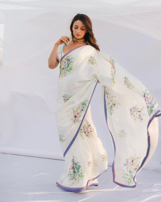 Moda Rapido Floral Print Bollywood Satin Saree(White)