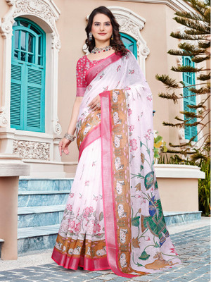Anouk Rustic Digital Print Chinnalapattu Cotton Linen Saree(White)