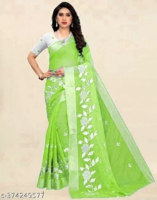 GLOWMOROUS Embroidered Bollywood Cotton Silk Saree(Dark Green)