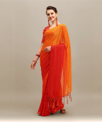 Divastri Striped Bollywood Silk Blend Saree(Orange)
