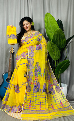 Pasum's Self Design, Hand Painted Jamdani Cotton Silk, Pure Cotton Saree(Yellow)