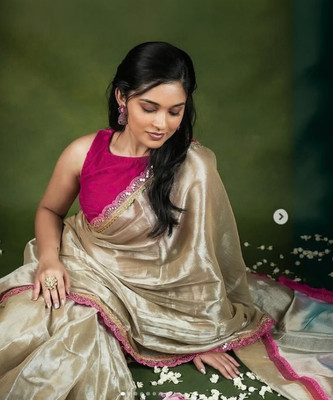 SARETRA MALL Solid/Plain Bollywood Georgette Saree(Cream)