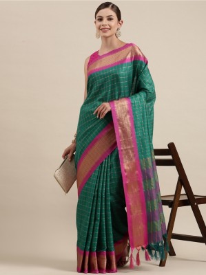 GLOWMOROUS Checkered Chettinadu Cotton Silk Saree(Green)