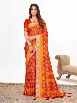 ANOUK Printed Chinnalapattu Silk Blend Saree(Orange)