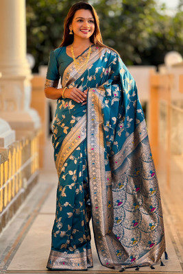 ROOP LAVANYA Printed Banarasi Jacquard, Art Silk Saree(Dark Blue)
