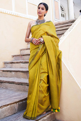 all about you Solid/Plain Bollywood Cotton Blend Saree(Yellow)