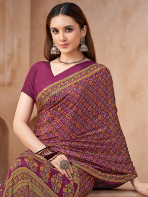 Sareemall Printed Hand Batik Crepe Saree(Magenta)