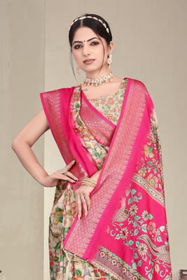KB TEX Floral Print, Paisley, Woven Dharmavaram Cotton Silk Saree(Beige, Pink)