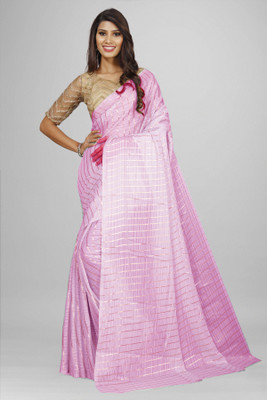 Rudra Fab Checkered Daily Wear Chiffon Saree(Pink)