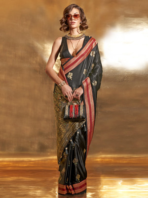 Divastri Woven Bollywood Satin, Silk Blend Saree(Black)
