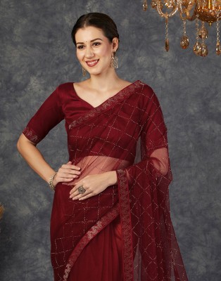 Samah Dyed, Embellished Bollywood Net Saree(Red, Gold)