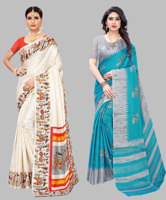 Priyashi Printed, Digital Print, Self Design Kalamkari Art Silk Saree(Pack of 2, Orange, Blue)