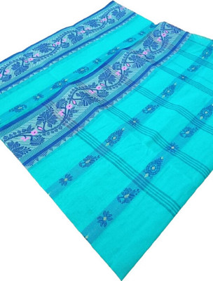 KhayaFashion Woven Tant Pure Cotton Saree(Light Blue)