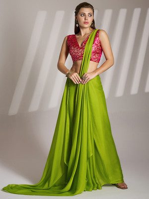 Divastri Embellished, Solid/Plain, Dyed Bollywood Chiffon Saree(Green)