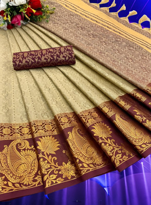 griva fashion Solid/Plain Bollywood Pure Silk Saree(Brown)