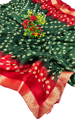 Stylish Sarees Printed Bandhani Chiffon, Art Silk Saree(Red, Green)