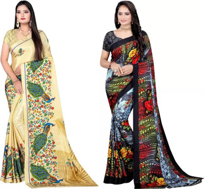 Leelavati Printed Daily Wear Crepe Saree(Pack of 2, Gold, Multicolor)