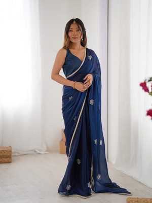 LeeliPeeri Designer Embroidered Bollywood Silk Blend Saree(Blue)