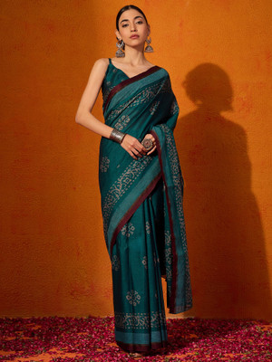 Divastri Printed Daily Wear Cotton Blend Saree(Dark Blue)