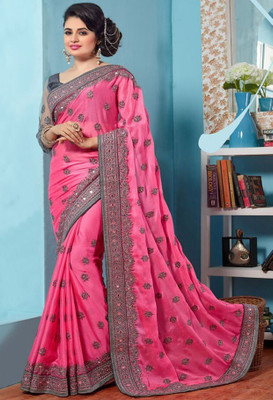 vaidehicreation Embellished Bollywood Net, Art Silk Saree(Pink)