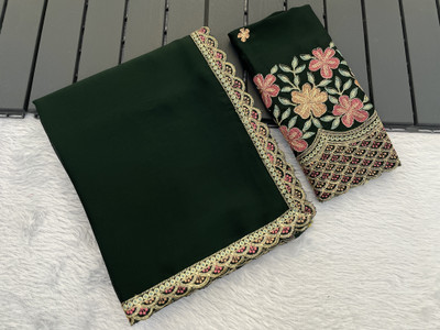 saanvi Solid/Plain, Self Design, Embroidered Bollywood Art Silk Saree(Dark Green)
