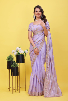 GREENA CREATION Embroidered, Woven, Self Design, Embellished Bollywood Satin Saree(Purple)