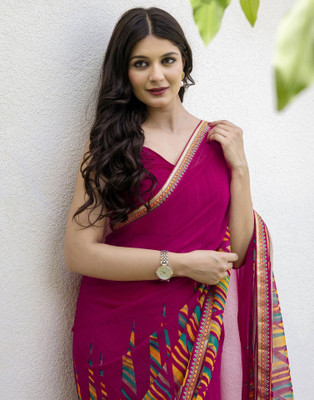 Samah Printed, Geometric Print, Embellished Bollywood Chiffon Saree(Pink, Multicolor)