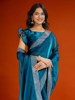 SHELDROM MART Embellished Bollywood Jimmy choo Saree(Light Blue)